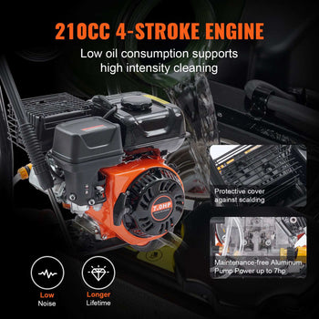 210CC 4-stroke engine with protective cover, featuring orange and black design for durable, high-intensity cleaning.