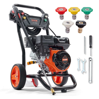 VEVOR 7.0HP gas pressure washer in black and orange with four quick connect nozzles and tools, ideal for outdoor cleaning.