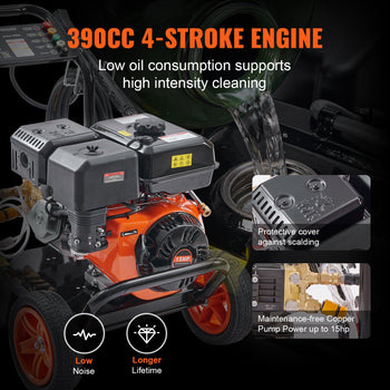 390CC 4-stroke engine pressure washer, black and orange, low noise, durable with copper pump, ideal for intense cleaning.