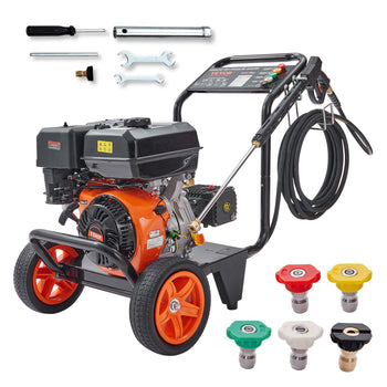 Orange and black gas pressure washer with 5 interchangeable nozzles, equipped with a powerful engine and sturdy wheels.