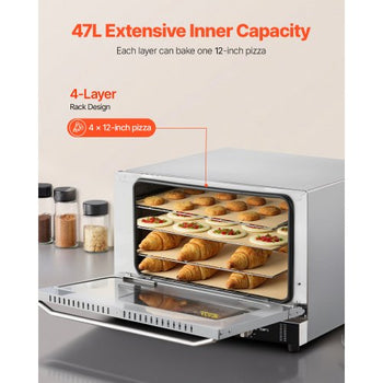 Commercial Convection Oven, 47L/43Qt, Half-Size Conventional Oven Countertop, 1600W 4-Tier Toaster with Front Glass Door, Electric Baking Oven with Trays Wire Racks Clip Gloves, 120V, ETL Listed