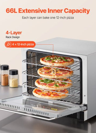 Commercial Convection Oven, 66L/60Qt, Half-Size Conventional Oven Countertop, 1800W 4-Tier Toaster w/Front Glass Door, Electric Baking Oven with Tray & Wire Racks (120V, 5-15P Plug & Outlet)
