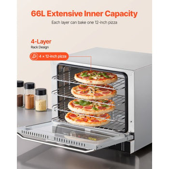 Commercial Convection Oven, 66L/60Qt, Half-Size Conventional Oven Countertop, 1800W 4-Tier Toaster w/Front Glass Door, Electric Baking Oven with Tray & Wire Racks (120V, 5-15P Plug & Outlet)