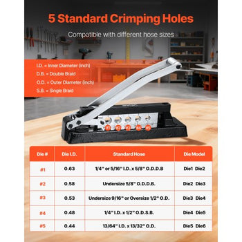 Heavy Duty Hose Ferrule Crimping Tool, Standard Bench Hose Crimper with 5 Die Holes & 0.44"-0.63" Crimping Range for PVC Rubber Hoses, Air Hoses Crimping Repair Kit (Ferrules Not Included)