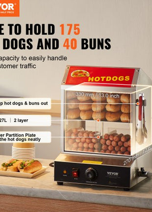 Hot Dog Steamer, 28.5QT, 2-Tier Hot Dog Hut Steamer, 86?~185? Temperature Control, Electric Bun Warmer with Tempered Glass Slide Doors Partition Plate Tong, Stainless Steel, for Hot Dogs & Buns