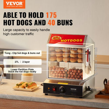 Hot Dog Steamer, 28.5QT, 2-Tier Hot Dog Hut Steamer, 86?~185? Temperature Control, Electric Bun Warmer with Tempered Glass Slide Doors Partition Plate Tong, Stainless Steel, for Hot Dogs & Buns
