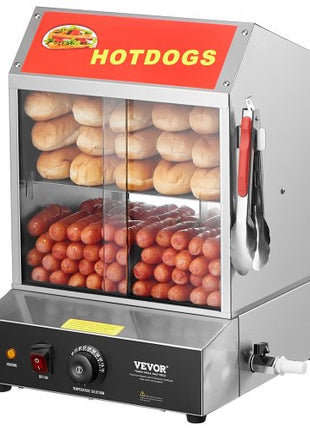 Hot Dog Steamer, 28.5QT, 2-Tier Hot Dog Hut Steamer, 86?~185? Temperature Control, Electric Bun Warmer with Tempered Glass Slide Doors Partition Plate Tong, Stainless Steel, for Hot Dogs & Buns