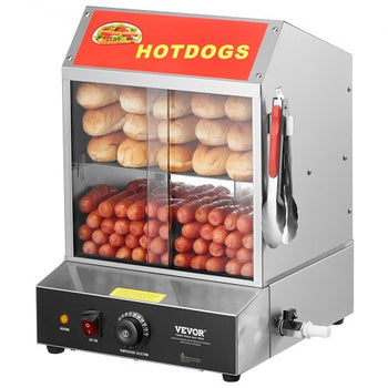 Hot Dog Steamer, 28.5QT, 2-Tier Hot Dog Hut Steamer, 86?~185? Temperature Control, Electric Bun Warmer with Tempered Glass Slide Doors Partition Plate Tong, Stainless Steel, for Hot Dogs & Buns