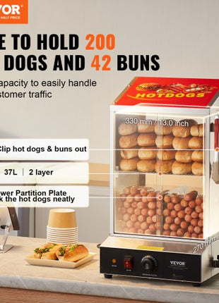 Hot Dog Steamer, 39QT, 2-Tier Hot Dog Hut Steamer, 86?~185? Temperature Control, Electric Bun Warmer with Tempered Glass Slide Doors Partition Plate Tong, Stainless Steel, for Hot Dogs & Buns