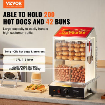 Hot Dog Steamer, 39QT, 2-Tier Hot Dog Hut Steamer, 86?~185? Temperature Control, Electric Bun Warmer with Tempered Glass Slide Doors Partition Plate Tong, Stainless Steel, for Hot Dogs & Buns
