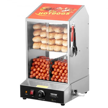 Hot Dog Steamer, 39QT, 2-Tier Hot Dog Hut Steamer, 86?~185? Temperature Control, Electric Bun Warmer with Tempered Glass Slide Doors Partition Plate Tong, Stainless Steel, for Hot Dogs & Buns