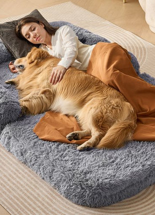 Human Dog Bed, 72" x48"x10" Giant Human Dog Bed for Adults and Pets, Human Size Dog Bed with Washable PV Velvet Cover, Egg Orthopedic Foam, Storage Pocket, for You and Pet, Grey