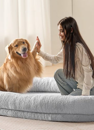 Human Dog Bed, 72" x48"x10" Human Dog Bed for Adult, Human Size Dog Bed with Washable Faux Rabbit Fur Cover, Egg Orthopedic Foam, Storage Pocket, Large Dog Bean Bed, Light Grey