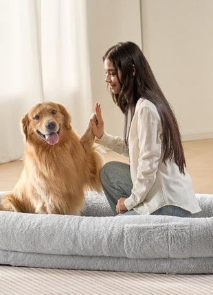 Human Dog Bed, 67.7"x35"x9.8" Human Dog Bed for Adult, Human Size Dog Bed with Washable Faux Rabbit Fur Cover, Egg Orthopedic Foam, Storage Pocket, Large Dog Bean Bed, Light Grey