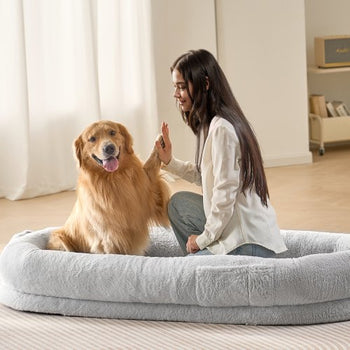 Human Dog Bed, 67.7"x35"x9.8" Human Dog Bed for Adult, Human Size Dog Bed with Washable Faux Rabbit Fur Cover, Egg Orthopedic Foam, Storage Pocket, Large Dog Bean Bed, Light Grey
