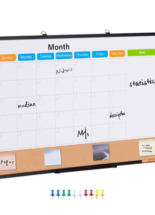 36"x 24" Monthly Calendar Whiteboard & Cork Board Combo with Aluminum Frame – 2-in-1 Magnetic Dry Erase Bulletin Board for Wall Mount – Ideal for School, Home, Office