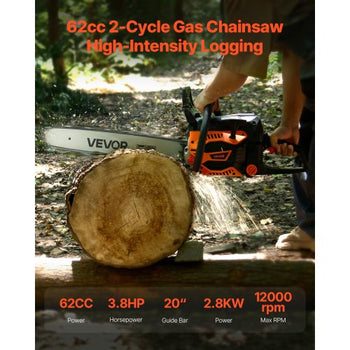 62 cc Gas Chainsaw, 20 inch Gas Powered Chainsaw, 3.8 HP Power Chain Saw with Non-Slip Handle, Gas-Powered Chainsaws with Dual Fuel Tanks, For Wood Cutting, Tree Trimming, and Land Clearing