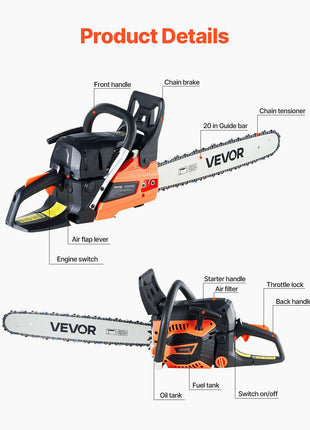 62 cc Gas Chainsaw, 20 inch Gas Powered Chainsaw, 3.8 HP Power Chain Saw with Non-Slip Handle, Gas-Powered Chainsaws with Dual Fuel Tanks, For Wood Cutting, Tree Trimming, and Land Clearing