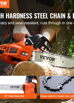 Gas Chainsaw, 25.4CC 12" 1.2HP, Gasoline Powered Chain Saw, Handheld Cordless Petrol Chainsaws for Tree Wood Branch Cutting, Tree Trimming, Land Clearing, Farm Garden Ranch Forest Cutting Use