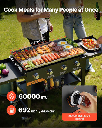 Gas Griddle, 4-Burner Flat Top Grill, 36 inch Grill Plate Foldable Propane Griddle with Wheels, 60000 BTU Outdoor Flat Top Grills for Pan-Frying, Grilling, Stir-Frying, & BBQ, Pulse Ignition