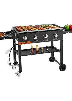 Gas Griddle, 4-Burner Flat Top Grill, 36 inch Grill Plate Foldable Propane Griddle with Wheels, 60000 BTU Outdoor Flat Top Grills for Pan-Frying, Grilling, Stir-Frying, & BBQ, Pulse Ignition