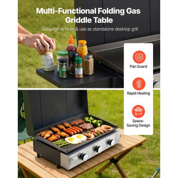 Gas Griddle, 3-Burner Flat Top Grill, Propane Griddle with Wheels, Lid, 3 x 11000 BTU Outdoor Flat Top Grills for Pan-Frying, Grilling, Stir-Frying, & BBQ, Pulse Ignition, Removable Top Design