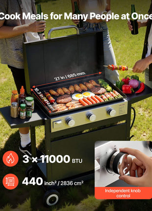 Gas Griddle, 3-Burner Flat Top Grill, Propane Griddle with Wheels, Lid, 3 x 11000 BTU Outdoor Flat Top Grills for Pan-Frying, Grilling, Stir-Frying, & BBQ, Pulse Ignition, Removable Top Design