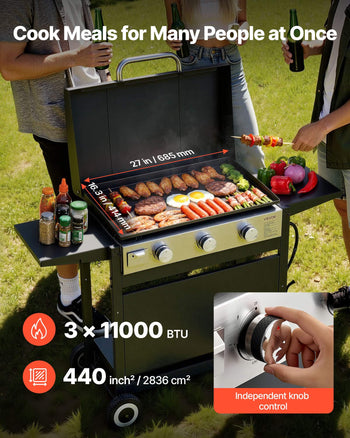 Gas Griddle, 3-Burner Flat Top Grill, Propane Griddle with Wheels, Lid, 3 x 11000 BTU Outdoor Flat Top Grills for Pan-Frying, Grilling, Stir-Frying, & BBQ, Pulse Ignition, Removable Top Design