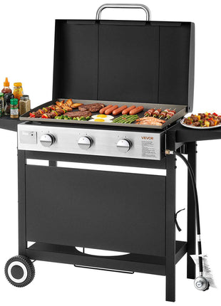 Gas Griddle, 3-Burner Flat Top Grill, Propane Griddle with Wheels, Lid, 3 x 11000 BTU Outdoor Flat Top Grills for Pan-Frying, Grilling, Stir-Frying, & BBQ, Pulse Ignition, Removable Top Design