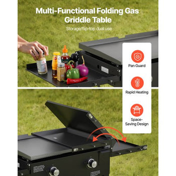 Gas Griddle, 2-Burner Flat Top Grill, 28 inch Grill Plate Foldable Propane Griddle with Wheels, 30000 BTU Outdoor Flat Top Grills for Pan-Frying, Grilling, Stir-Frying, & BBQ, Pulse Ignition