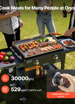 Gas Griddle, 2-Burner Flat Top Grill, 28 inch Grill Plate Foldable Propane Griddle with Wheels, 30000 BTU Outdoor Flat Top Grills for Pan-Frying, Grilling, Stir-Frying, & BBQ, Pulse Ignition