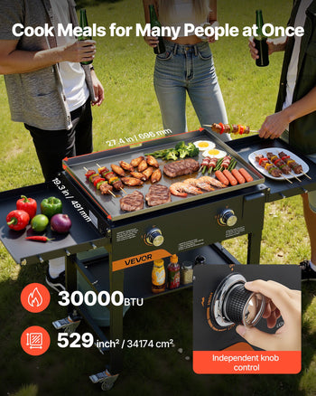 Gas Griddle, 2-Burner Flat Top Grill, 28 inch Grill Plate Foldable Propane Griddle with Wheels, 30000 BTU Outdoor Flat Top Grills for Pan-Frying, Grilling, Stir-Frying, & BBQ, Pulse Ignition