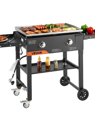 Gas Griddle, 2-Burner Flat Top Grill, 28 inch Grill Plate Foldable Propane Griddle with Wheels, 30000 BTU Outdoor Flat Top Grills for Pan-Frying, Grilling, Stir-Frying, & BBQ, Pulse Ignition