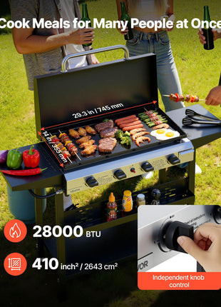 Gas Griddle, 4-Burner Flat Top Grill, 29 inch Grill Plate Propane Griddle with Wheels, Lid, 28000 BTU Outdoor Flat Top Grills for Pan-Frying, Grilling, Stir-Frying, & BBQ, Pulse Ignition