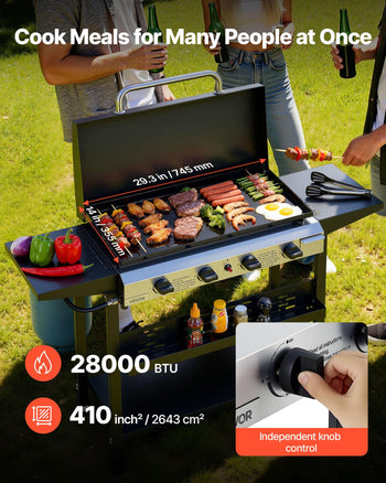 Gas Griddle, 4-Burner Flat Top Grill, 29 inch Grill Plate Propane Griddle with Wheels, Lid, 28000 BTU Outdoor Flat Top Grills for Pan-Frying, Grilling, Stir-Frying, & BBQ, Pulse Ignition