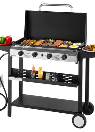Gas Griddle, 4-Burner Flat Top Grill, 29 inch Grill Plate Propane Griddle with Wheels, Lid, 28000 BTU Outdoor Flat Top Grills for Pan-Frying, Grilling, Stir-Frying, & BBQ, Pulse Ignition
