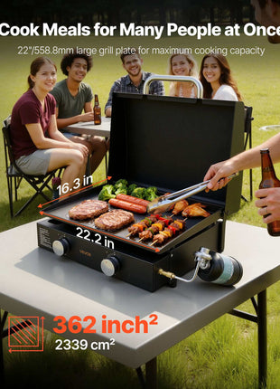 Gas Griddle, 2 Burner Tabletop Griddle, 22 inch Portable Griddles Propane with Lid, Oil Drain Hole & Oil Collection Tray, 2 x 11000BTU Camping Flat Top Grill for Outdoor Cooking, Tailgating