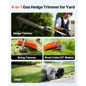 Gas Hedge Trimmer, 2 Cycle Gas Power Handheld Hedge Trimmer, 4-in-1 26cc Weed Eater with Protective Gear Set, Includes Hedge and String Trimmer, Edger, Brush Cutter, for Trimming Shrubs & Bushes