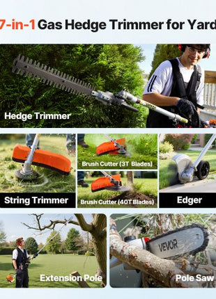 Gas Hedge Trimmer, 2 Cycle Gas Power Handheld Trimmer, 6-in-1 26cc Weed Eater with Extension Pole & Protective Gear Set, Includes Hedge & String Trimmer, Brush Cutter(3T & 40T), Edger, Pole Saw