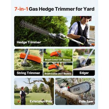 Gas Hedge Trimmer, 2 Cycle Gas Power Handheld Trimmer, 6-in-1 26cc Weed Eater with Extension Pole & Protective Gear Set, Includes Hedge & String Trimmer, Brush Cutter(3T & 40T), Edger, Pole Saw