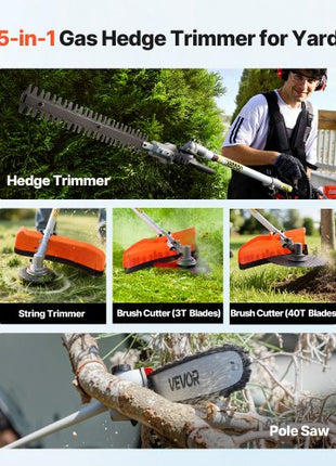Gas Hedge Trimmer, 2 Cycle Gas Power Handheld Hedge Trimmer, 5-in-1 63cc Cordless Weed Eater with Protective Gear Set, Includes Hedge and String Trimmer, Brush Cutter(3T & 40T Blades), Pole Saw