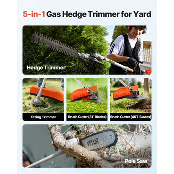 Gas Hedge Trimmer, 2 Cycle Gas Power Handheld Hedge Trimmer, 5-in-1 63cc Cordless Weed Eater with Protective Gear Set, Includes Hedge and String Trimmer, Brush Cutter(3T & 40T Blades), Pole Saw