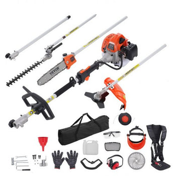 43CC 6-in-1 Multi-Functional Trimming Tools, Gas Hedge Trimmer, Weed Eater, String Trimmer, Brush Cutter, Edger, Pole Saw Chainsaw Pruner with Extension Pole
