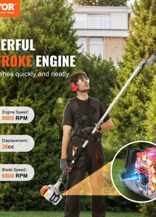 VEVOR 26CC 5-in-1 Multi-Functional Trimming Tools, Gas Hedge Trimmer, Weed Eater, String Trimmer, Edger, Pole Saw Chainsaw Pruner with Extension Pole