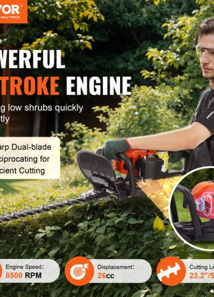 23.2-inch 26CC 2 Cycle Gas Hedge Trimmer, Gas Powered Handheld Hedge Trimmer with Dual Sided Dual Action Blade, 180° Adjustable Trimmer Head, Suitable for Trimming Shrubs, Low Bushes