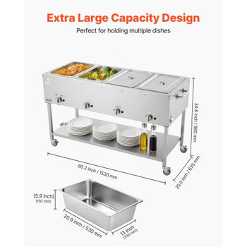 4-Pan Commercial Propane Steam Table, LP Gas Outdoor Soup Warmer with Drain Valve and 3" Wheels, Stainless Steel Propane Food Warmer with Independent Temp Control, for Restaurant Outdoor Camping