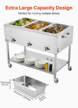 3-Pan Commercial Propane Steam Table, LP Gas Outdoor Soup Warmer with Drain Valve and 3" Wheels, Stainless Steel Propane Food Warmer with Independent Temp Control, for Restaurant Outdoor Camping