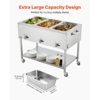 3-Pan Commercial Propane Steam Table, LP Gas Outdoor Soup Warmer with Drain Valve and 3" Wheels, Stainless Steel Propane Food Warmer with Independent Temp Control, for Restaurant Outdoor Camping