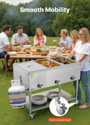 3-Pan Commercial Propane Steam Table, LP Gas Outdoor Soup Warmer with Drain Valve and 3" Wheels, Stainless Steel Propane Food Warmer with Independent Temp Control, for Restaurant Outdoor Camping