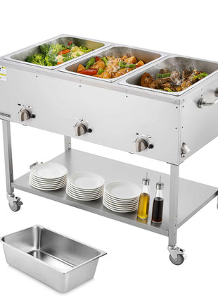 3-Pan Commercial Propane Steam Table, LP Gas Outdoor Soup Warmer with Drain Valve and 3" Wheels, Stainless Steel Propane Food Warmer with Independent Temp Control, for Restaurant Outdoor Camping